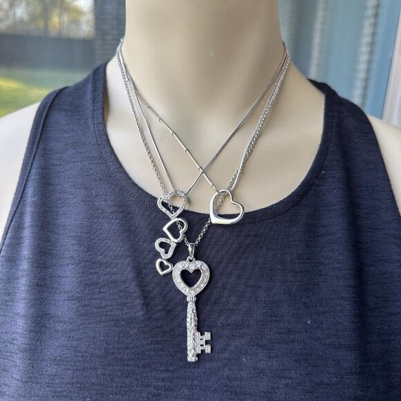 Fashion Necklace 16" Skeleton Key‎ Hearts Charm Silver Tone Statement Set Of 3 - Picture 1 of 11